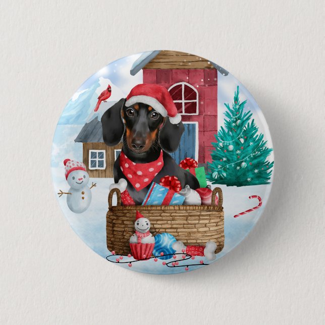Dackel Hund im Schnee Weihnachtshundehaus Button (Vorderseite)