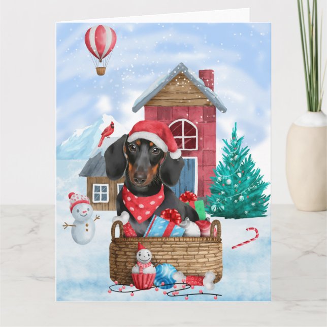 Dackel Hund im Schnee Weihnachtshundehaus Karte (Vorderseite)