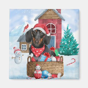 Dackel Hund im Schnee Weihnachtshundehaus Magnet