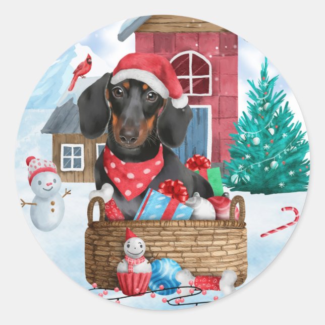 Dackel Hund im Schnee Weihnachtshundehaus Runder Aufkleber (Vorderseite)
