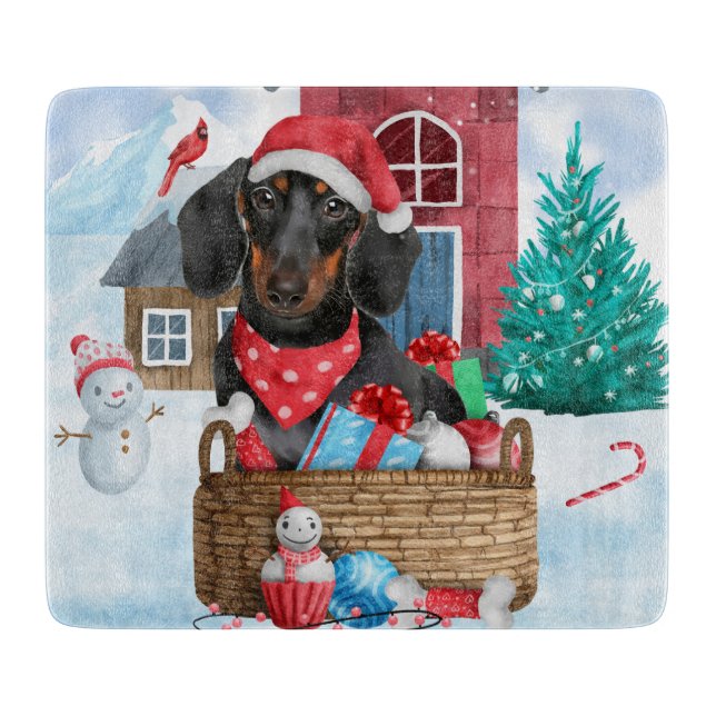 Dackel Hund im Schnee Weihnachtshundehaus Schneidebrett (Vorderseite)