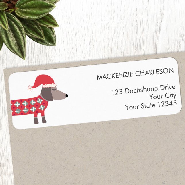 Dackel Hund in der Rücksendeadresse Weihnachtshut (Fun Dachshund Wiener Sausage Dog in a Christmas hat personalized return address label)