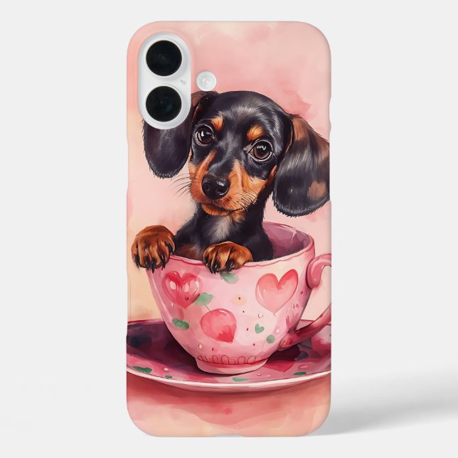 Dackel-HUND IN DER VALENTINE TEE CUP iPhone 16 Plus Hülle (Rückseite)