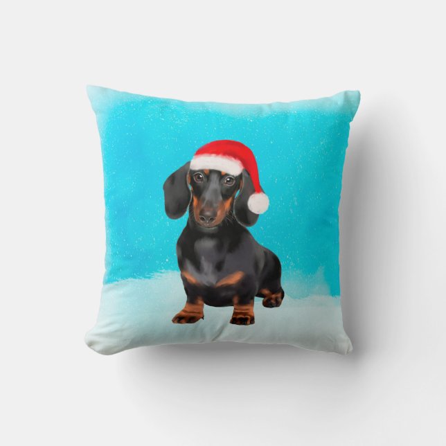Dackel Hund in Schnee Weihnachtshut Kissen (Vorderseite)