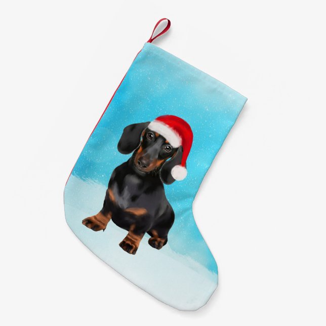 Dackel Hund in Schnee Weihnachtshut Kleiner Weihnachtsstrumpf (Vorderansicht (hängend))