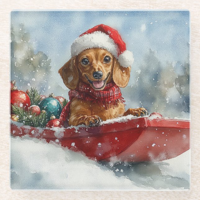 Dackel Hund in Sledge Lass es Schnee Weihnachten Glasuntersetzer (Vorderseite)