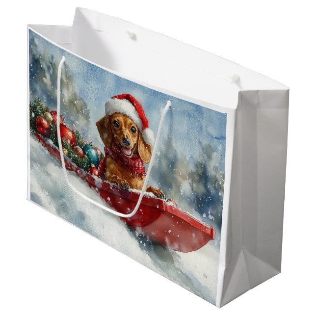 Dackel Hund in Sledge Lass es Schnee Weihnachten Große Geschenktüte (Vorderseite Schrägansicht)