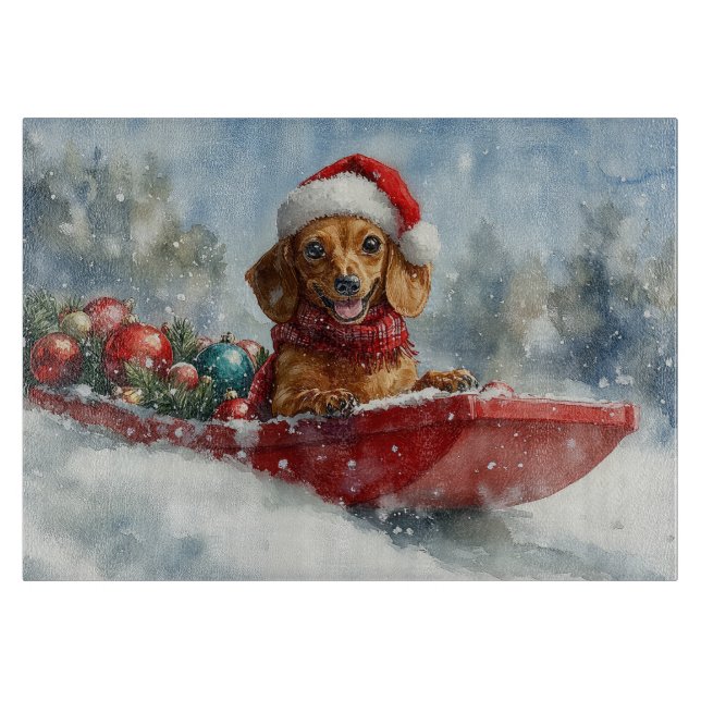 Dackel Hund in Sledge Lass es Schnee Weihnachten Schneidebrett (Vorderseite)