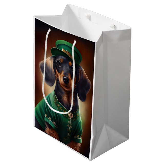 Dackel Hund in St. Patrick's Day Dress Mittlere Geschenktüte (Vorderseite Schrägansicht)