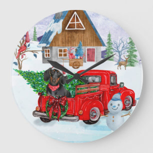 Dackel Hund in Weihnachtslieferung LKW Schnee Große Wanduhr