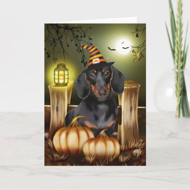 Dackel Hund mit Hexenhut Halloween-Geschenkidee Karte (Vorderseite)