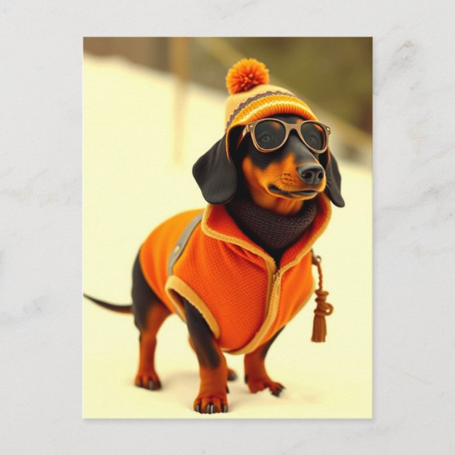 Dackel Hund mit Skiern verkleidet Postkarte (Vorderseite)