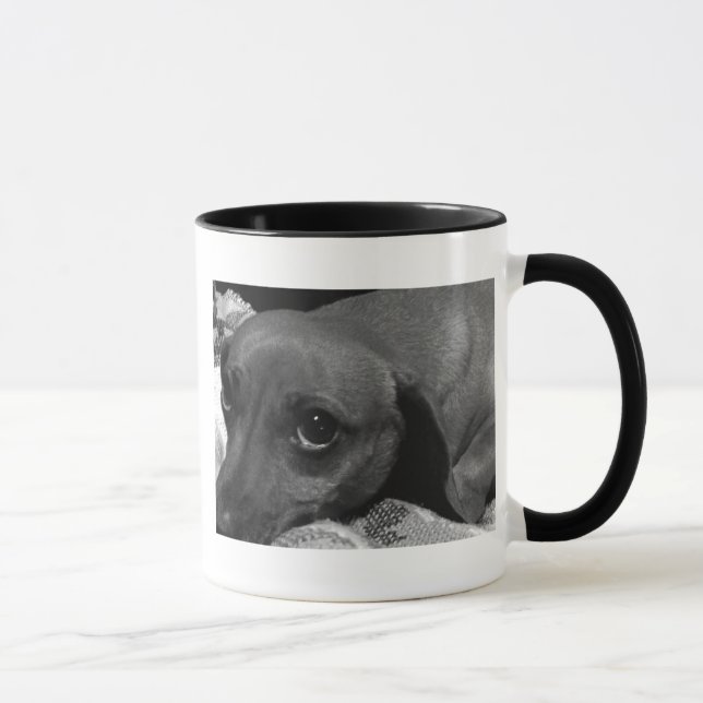 Dackel-Hund mit traurigen Augen in Schwarzweiss Tasse (Rechts)