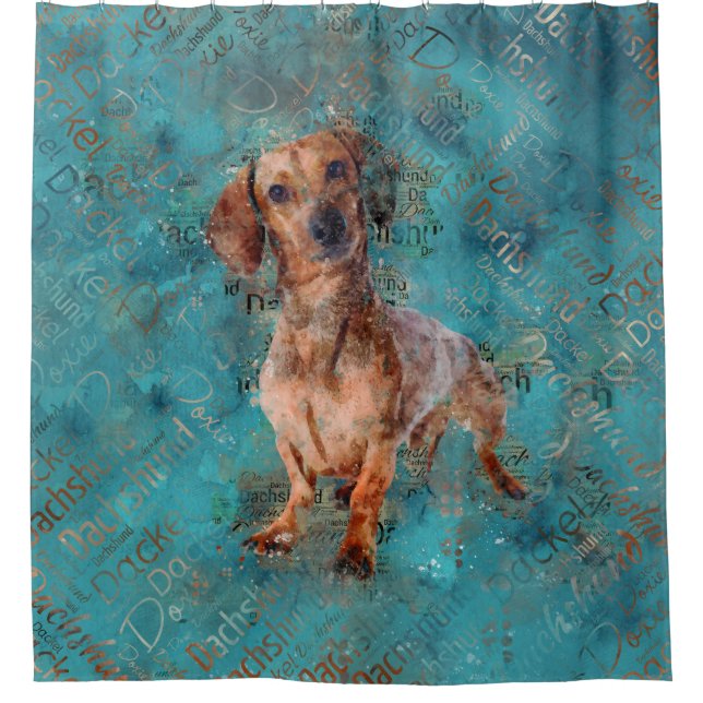 Dackel Hund Mixed Media Art Duschvorhang (Vorderseite)