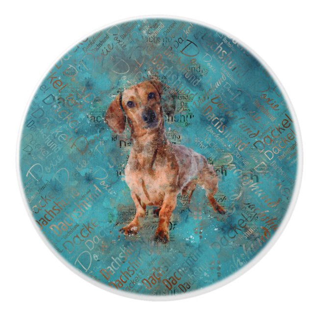 Dackel Hund Mixed Media Art Keramikknauf (Vorderseite)