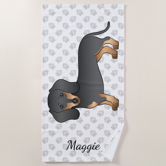 Dackel Hund & Name für schwarze und schwarze Maske Strandtuch (Vorderseite)