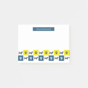Dackel Hund & Paw Gelb & Blau Grid Post-it Klebezettel