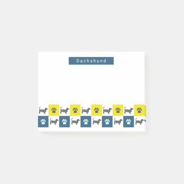 Dackel Hund & Paw Gelb & Blau Grid Post-it Klebezettel (Vorderseite)
