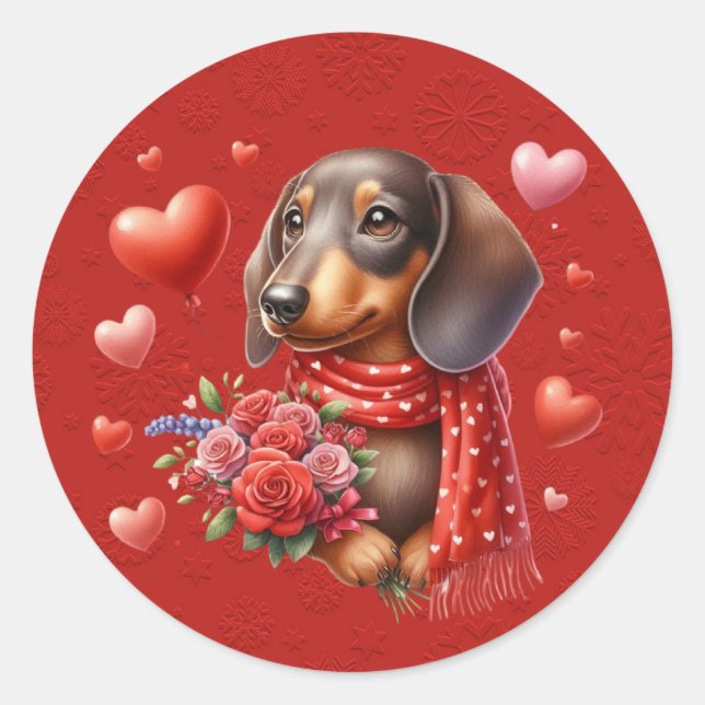 Dackel Hund Red Valentine Hearts Runder Aufkleber (Vorderseite)