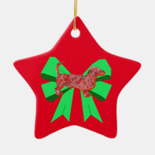 Dackel Hund Silhouette Red & Green Bow Weihnachten Keramik Ornament