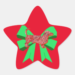 Dackel Hund Silhouette Red & Green Bow Weihnachten Stern-Aufkleber