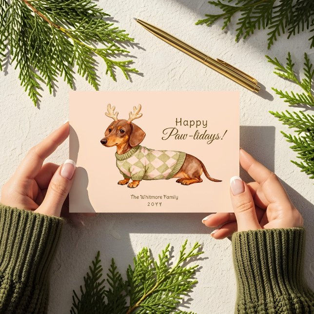 Dackel Hund Weihnachten Schachtel Sweater Foto (Dachshund Dog Christmas Checkered Sweater Photo Holiday Card)