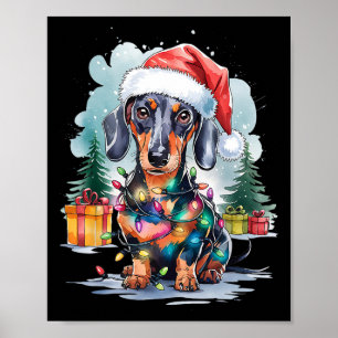 Dackel Hund Weihnachtsmannmütze Weihnachtsleuchten Poster
