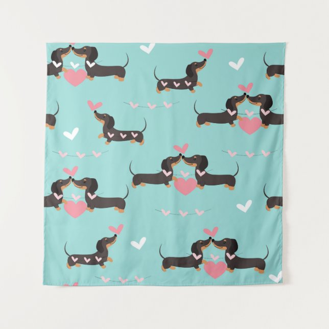 Dackel Hunde in Liebe und Herz nahtlos Wandteppich (Vorderseite)