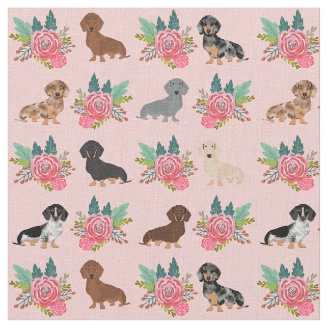 Dackel Hunde rosa Blüten Stoff (Nahaufnahme)
