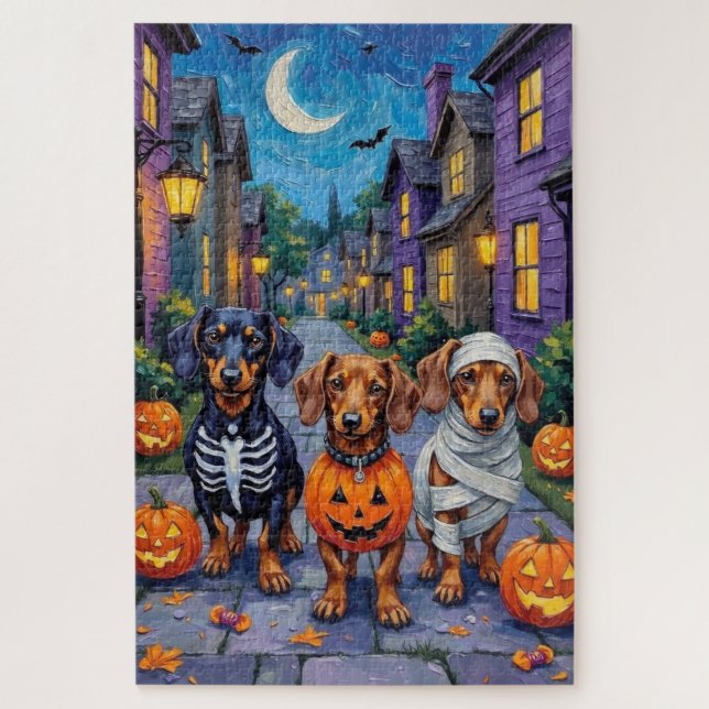 Dackel Hunde Trick-or-Treating zu Halloween (Vertikal)