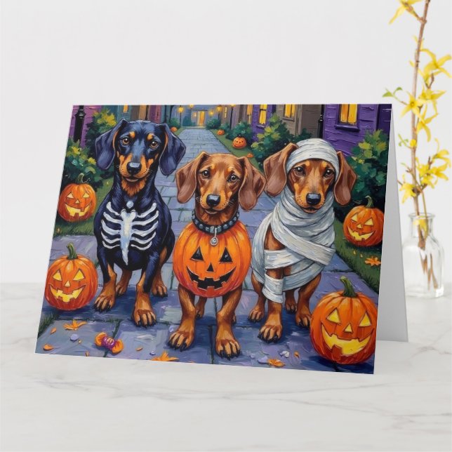 Dackel Hunde Trick-or-Treating zu Halloween Karte (Gelbe Blume)