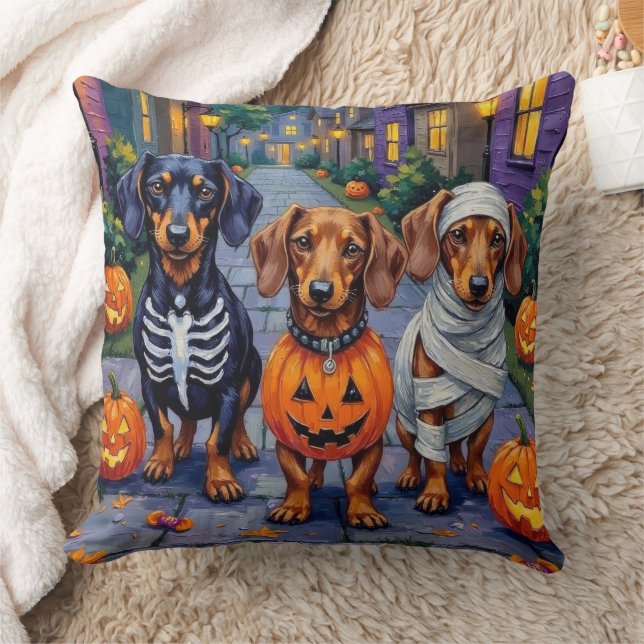 Dackel Hunde Trick-or-Treating zu Halloween Kissen (Decke)