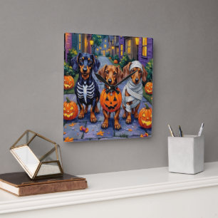 Dackel Hunde Trick-or-Treating zu Halloween Quadratische Wanduhr