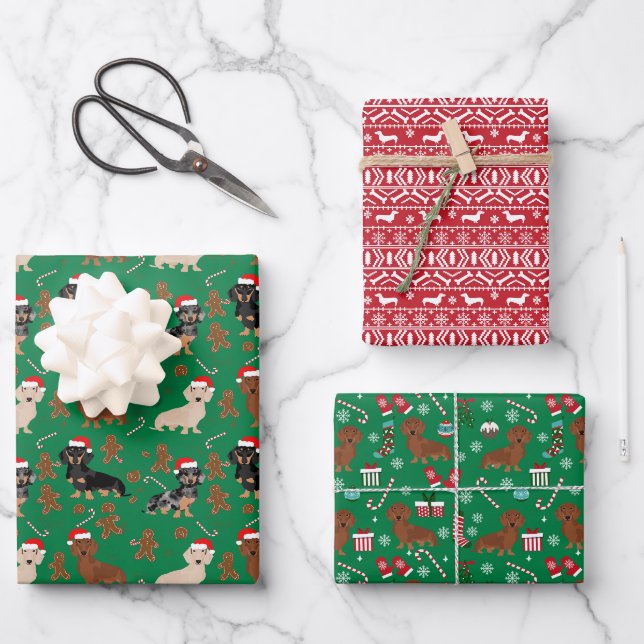 Dackel Hunde Weihnachten Geschenkpapier Set (Vorderseite)