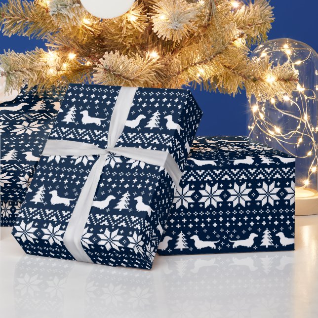 Dackel Hunde Weihnachten Sweater Muster Blau Geschenkpapier (Feiertage)