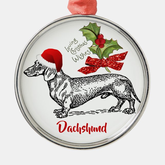 Dackel-Hut-Stechpalmen-Weihnachtsverzierung Ornament Aus Metall (Vorne)