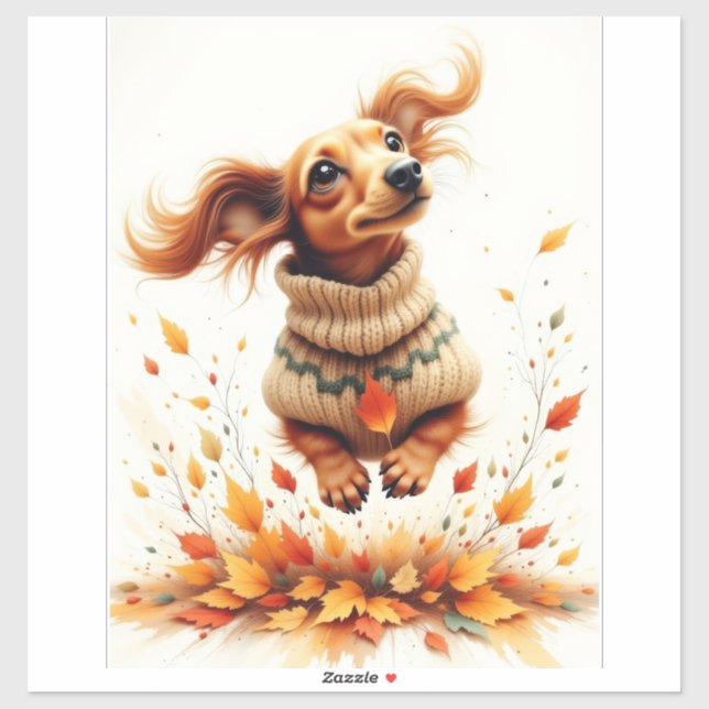 Dackel im Herbstlaub Aufkleber (Blatt)