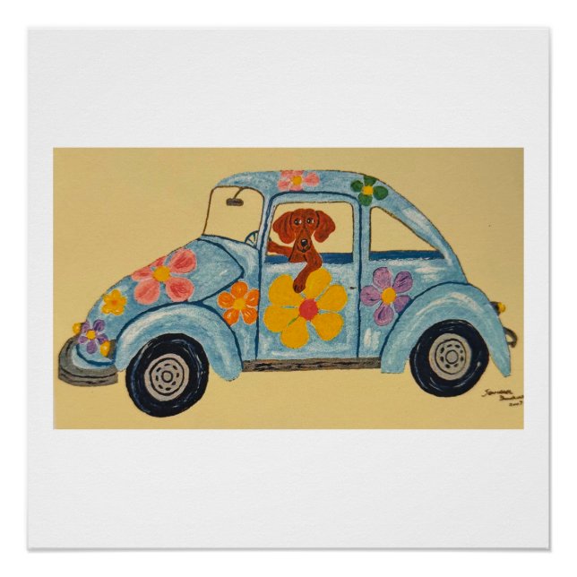 Dackel im Hippie-Auto Poster (Vorderseite)