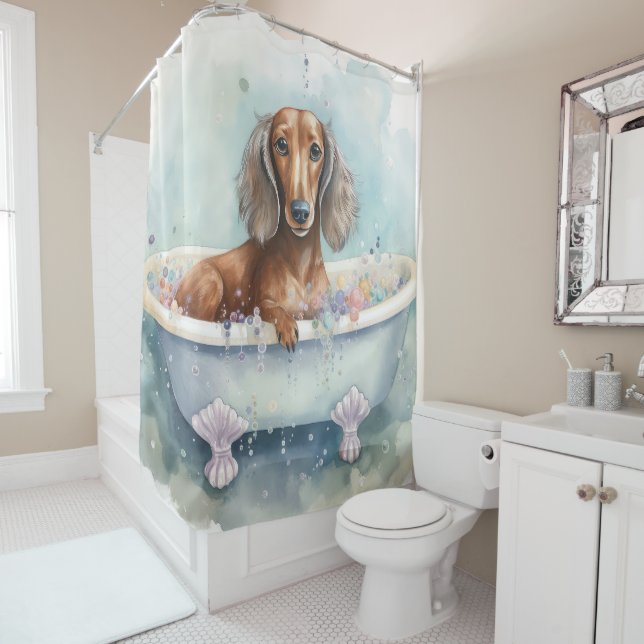 Dackel in der Badewanne Wasserfarben Kunst Duschvorhang (Beispiel)
