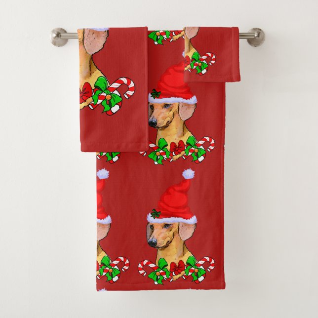Dackel in der Weihnachtsmannmütze Weihnachten Badhandtuch Set (Insitu)