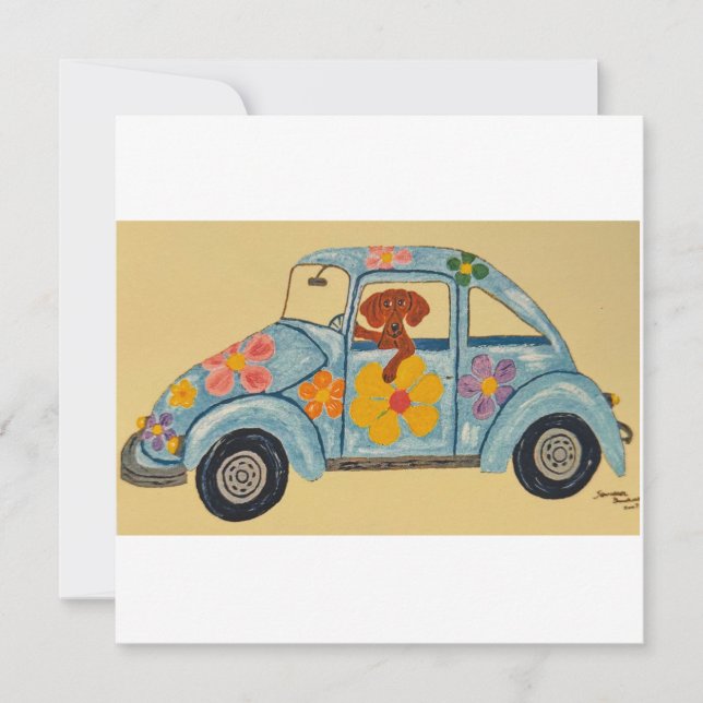 Dackel in Hippie-Auto (Vorderseite)