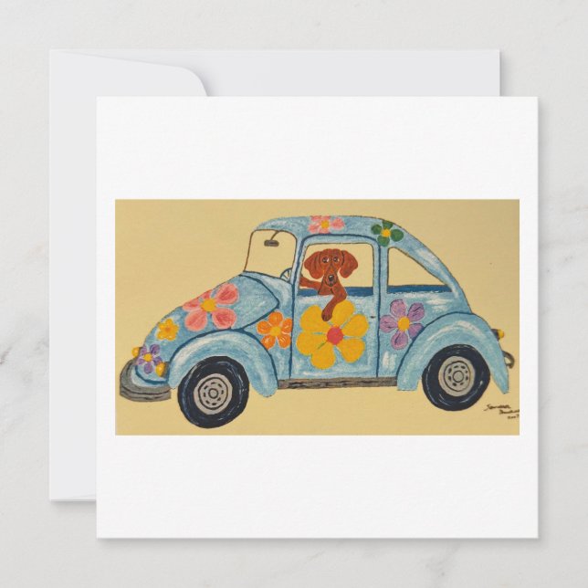 Dackel in Hippie-Auto Einladung (Vorderseite)