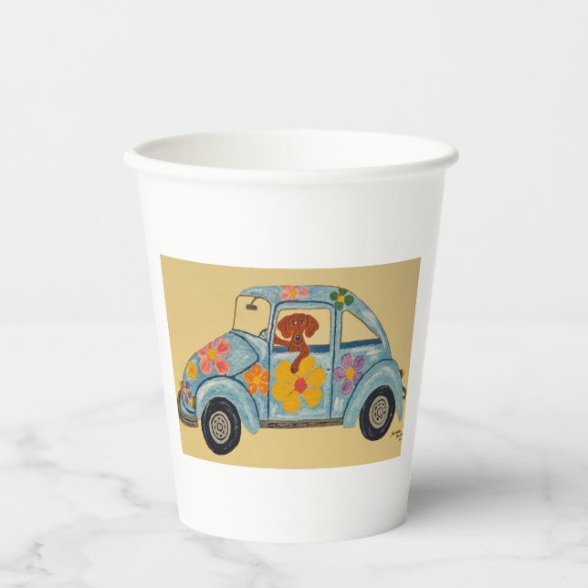 Dackel in Hippie-Auto  Pappbecher (Vorderseite)