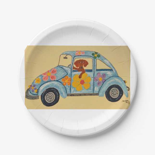 Dackel in Hippie-Auto Pappteller (Vorderseite)