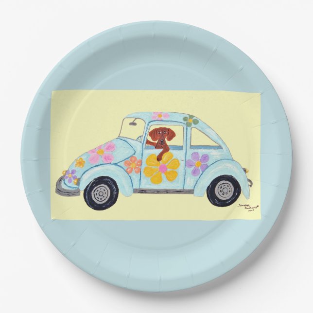 Dackel in Hippie-Auto  Pappteller (Vorderseite)