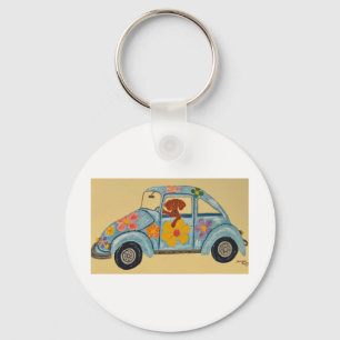 Dackel in Hippie-Auto Schlüsselanhänger
