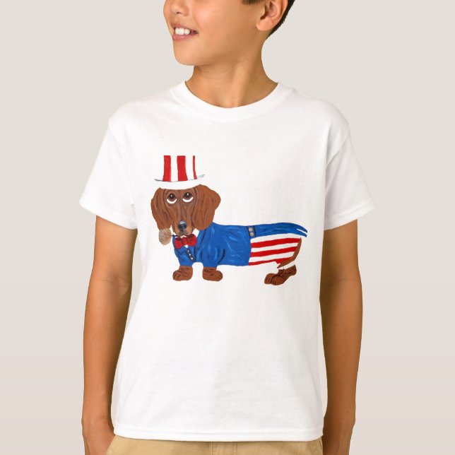 Dackel in Onkel-Sam-Kostüm T-Shirt (Vorderseite)