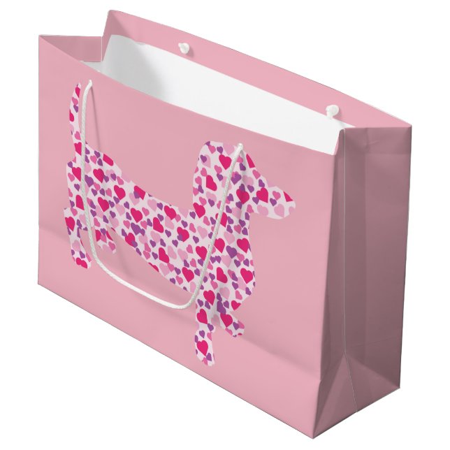 Dackel in rosa Herzen Große Geschenktüte (Vorderseite Schrägansicht)