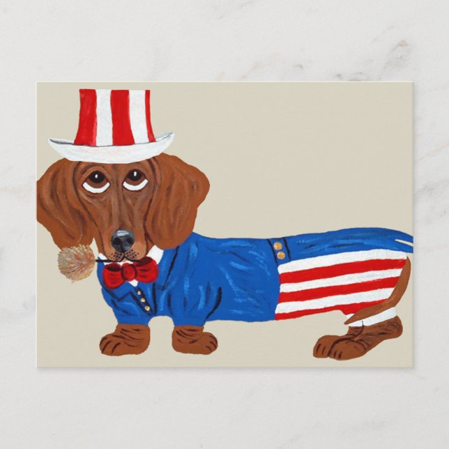 Dackel in Uncle Sam Anzug Postkarte (Vorderseite)