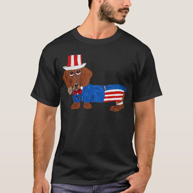 Dackel in Uncle Sam Anzug T-Shirt (Vorderseite)